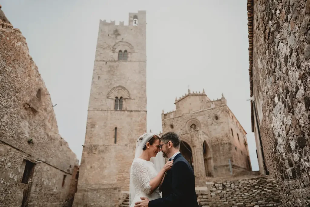 Newlyweds in the historic town of Erice, Sicily.