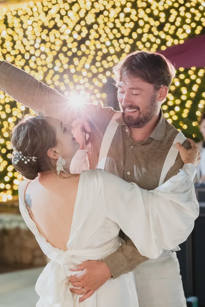 Bride and groom dancing during their wedding reception.