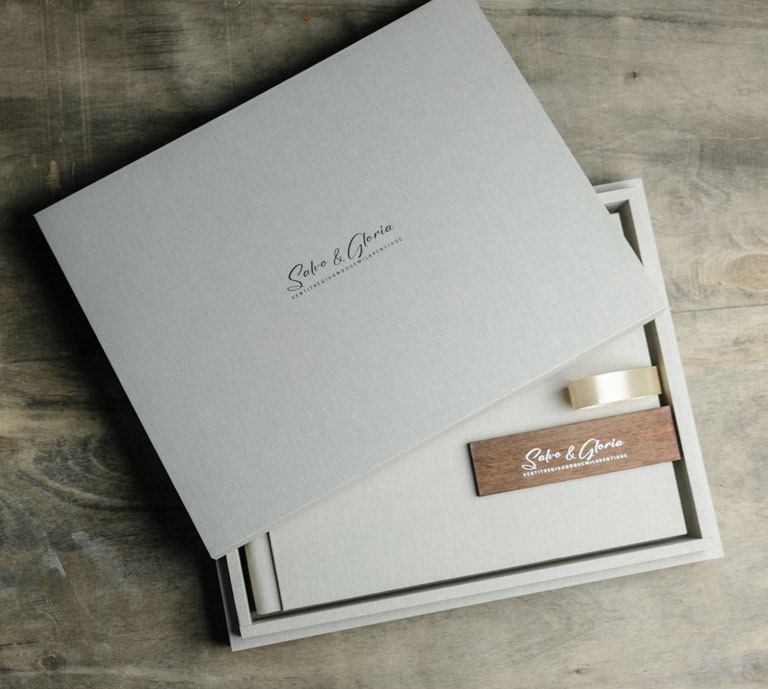 Open Lab Box containing a personalised wedding album.