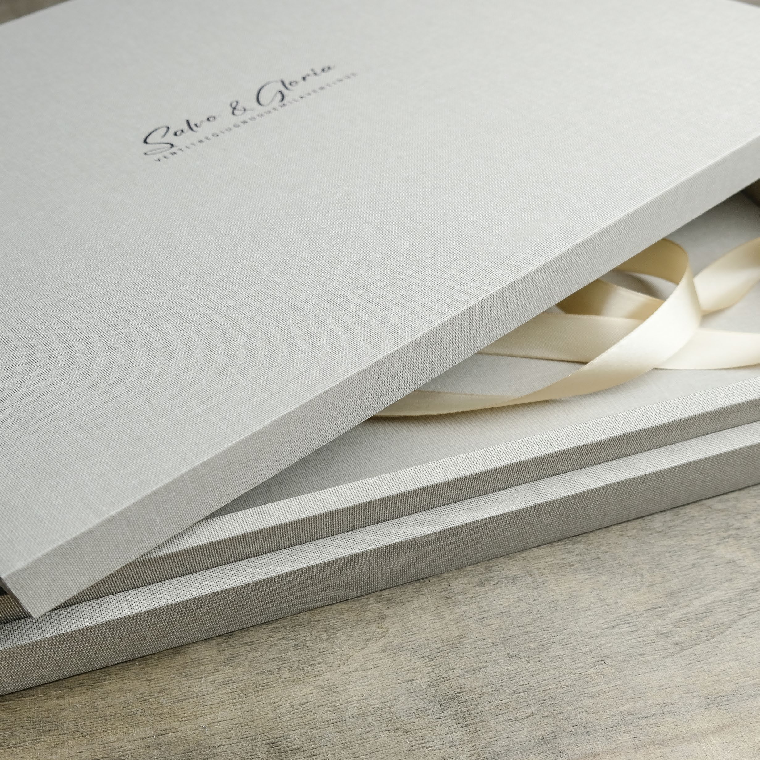 Close-up of a personalised Lab Box lid and cream ribbon.